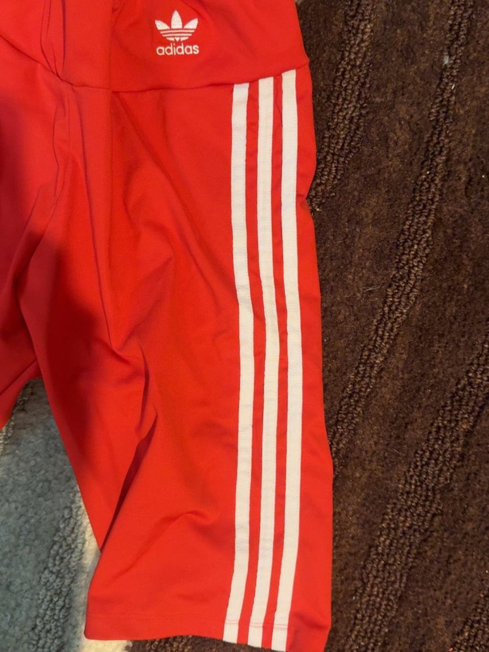 adidas Red Athletic Shorts with White Three-Stripes - Picture 2 of 2